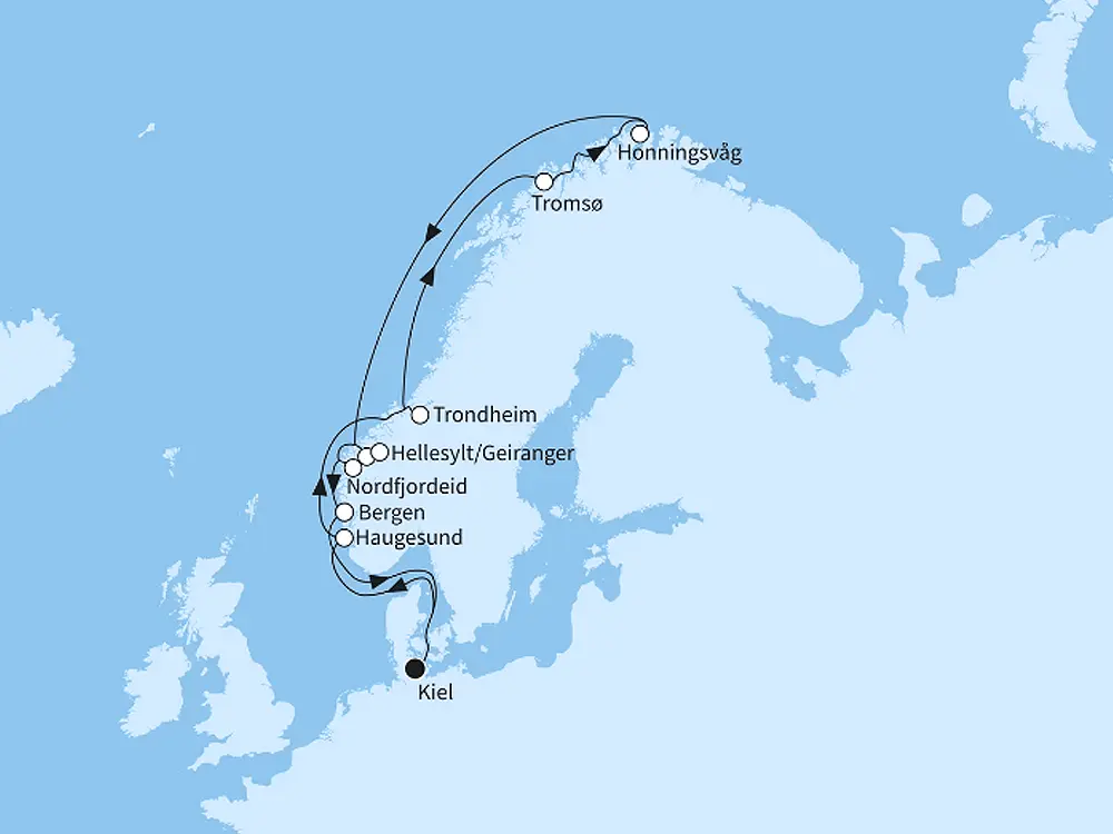 Mein Schiff Relax Angebot der Woche Weiße Nächte in Norwegens Fjordwelten - ab/bis Kiel - Routenbild